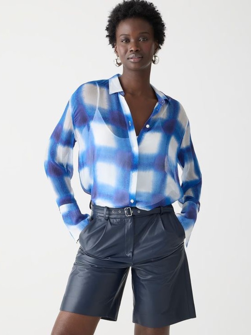 J. CREW Garçon Classic Shirt in Crinkle Cupra Blurred Blue Gingham with Cami 16
